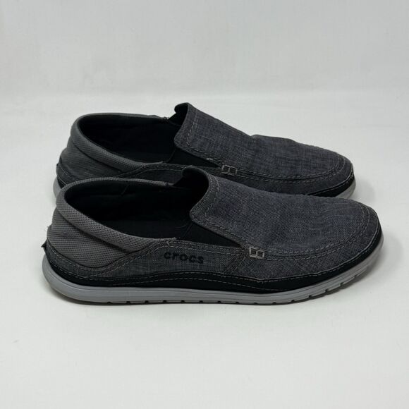 Crocs Santa Cruz Playa Shoes Mens 12 Blue Canvas Denim Slip On Loafer Comfort - Picture 1 of 16